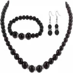 여성용 팜틴도 인조 진주 목걸이 귀걸이 및 팔찌 블랙 코스튬 주얼리 세트