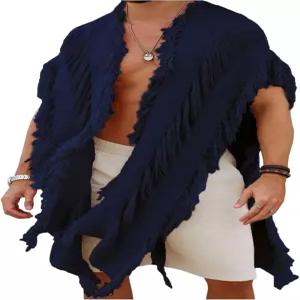 베르두사 남성 니트 폰초 프린지 루즈 가디건 케이프 숄 랩 비치 휴가 의상
