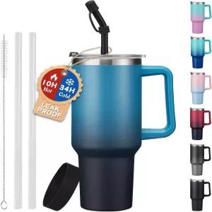 빨대와 스파우트 뚜껑이 있는 ICIOI 단열 텀블러 - 손잡이가 40온스 물병 방진 커버 보호 부츠 방수