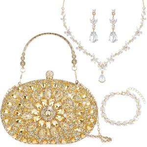 Quelay 4개 지갑 라인스톤 주얼리 세트 이브닝 클러치 백 블링 크리스탈 목걸이 당글 귀걸이 팔찌 액세서리