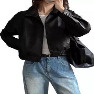 밀루미아 여성용 인조 가죽 집업 재킷 빈티지 칼라 긴팔 오토바이
