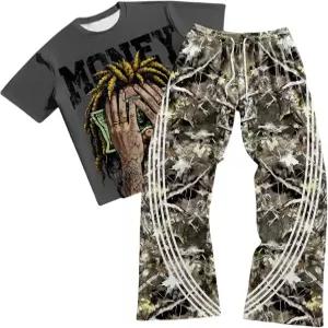 VIPWOLF 남성용 2피스 의상 반팔 레터 그래픽 티와 드로스트링 플레어 스웨트 팬츠 운동복 세트