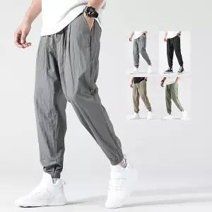 여름 팬츠 쿨 냉감 여름용 얇은 남성 배기 하렘 루즈 테이퍼드 바인딩 발목 주름 캐주얼 바지 빅사이즈 시