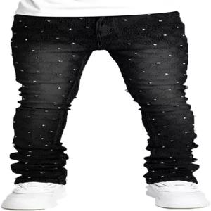 남성 라인스톤 스키니 찢어진 청바지 Y2k 스트레치 슬림 핏 스택 그룬지 데님 팬츠