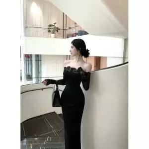 원피스 가을 여성 롱스커트 슬림핏 일자 어깨 힙업 레이스 원픽3