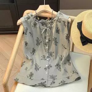 니트 여름 프린트 여자블라우스 아트웍 민소매 끈 브이넥 이슬마 원템2