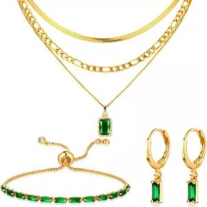 사실비아 3종 에메랄드 주얼리 세트 그린 및 골드 여성용 지르코니아 레이어드 목걸이 팔찌 귀걸이 생일