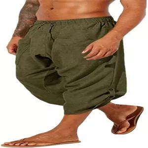 가펑 남성 린넨 하렘 카프리 바지 드로스트링 3/4 반바지 캐주얼 비치 요가 히피 타이 팬츠