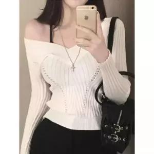 여자니트 브이넥 페미닌 오프숄더 슬림 니트 톱 원템1