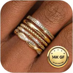 THUNARAZ 여성용 쌓을 수 있는 반지 14k 금 도금 얇은 스택 큐빅 지르코니아 엄지 세트 다인티 트렌디