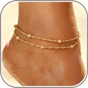 여성용 로얄룩 발목 팔찌 방수 14K 골드 도금 쿠바 피가로 링크 체인 비즈 발찌 세트 다인 레이어드 여름