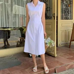 [옷자락] 여자 카라넥 보르 허리 스트랩 민소매 셔츠 롱원피스