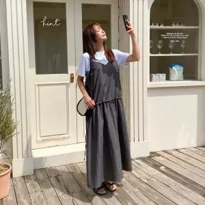 [옷자락] 여자 브이넥 허리 스트랩 롱 뷔스티에 원피스