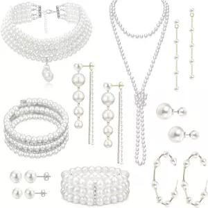 EIELO 16개 인조 진주 목걸이 귀걸이 세트 여성용 모조 팔찌 초커 댕글 보석