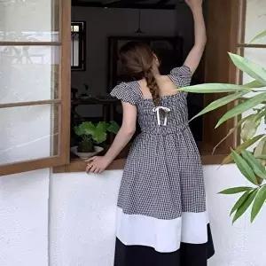 니트원피스 체크 배색투톤 가슴밴딩 A라인 체형커버 썸머원피스