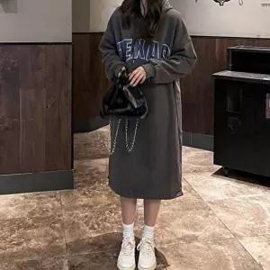 롱원피스 영어 로고 포인트 오버핏 긴팔 후드 원피스