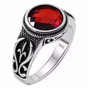 정품 솔리드 925 스털링 실버 블랙 오닉스 스톤, 아나톨리아 모티프 남성용 반지, 순은, 시뮬레이션 루비