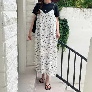 [신세계라이브쇼핑][옷자락] 여자 리치 리본패턴 끈나시 플레어 롱원피스