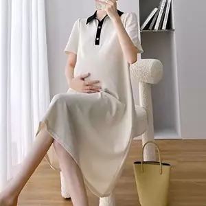 2버튼원피스 배색카라 원피스 미디움 임산부 베이직 반팔 일상복