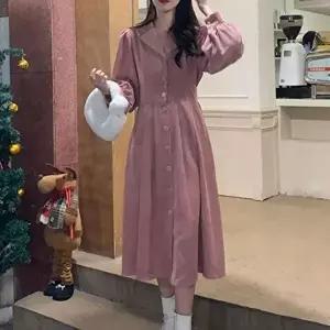 겨울원피스 코듀로이 뒷밴딩 카라넥 롱 원피스 진주단추 하객룩