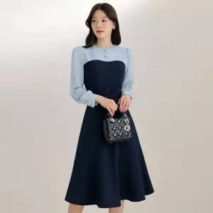 (~XXL까지) 디유 라운드넥 배색 플레어 벨트 원피스 봄 가을 하객룩 오피스룩 모임룩 격식룩 빅사이즈