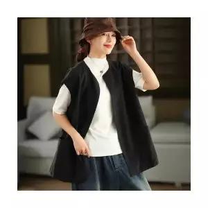 여성 로맨틱 롱 가디건 빈티지 린넨 조끼 오가을 하프 카디건 아우터 톱 DUCHI3