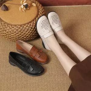 여자 빈티지 리얼가죽 소프트 로퍼 홀 통굽로퍼 슈즈 가죽 펀칭 샌들 스트랩 원픽2