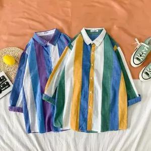 남자 캐주얼 체크 프린트셔츠 남방 봄가을 컬러 스트라이프 셔츠 긴팔 트렌디 커플 admr3