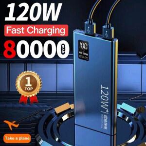 호환 80000mAh 파워뱅크 120W 초고속 충전 100% 충분한 용량 휴대용 배터리 충전기 디지털 디스플레이 샤오미 호환용