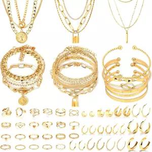 여성용 치큐티 골드 주얼리 세트 14 000 도금 다층 목걸이 팔찌 후프 귀걸이 스태커블 너클 링 트렌디한