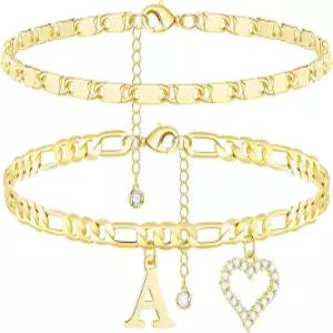 여성용 Wremily 이니셜 발목 팔찌 방수 14K 금 도금 고급 레이어 피가로 체인 레터 CZ 하트 여름 해변 보석