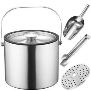 뚜껑이 있는 3L 이중벽 단열 아이스 버킷, 얼음 삽 & 통 및 스트레이너, 와인용 실리콘 밀폐 뚜껑이 있는 스테인리스 스틸 아이스 욕조, 파티용 아이스 버킷, 와인 냉각기, 라이트 슬라이버