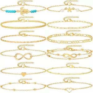 스타레인 12Pcs 여성용 여름 비치발찌 방수 골드 실버 체인 발목 팔찌 귀여운 세트 7.9-10.5인치 조절 가능