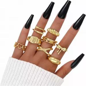 FAXHION 12PCS 골드 스태커블 링 세트 여성용 18K 도금 오픈 스태킹 너클 조절 가능한 청키 시그넷 밴드