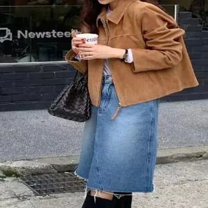 가을 빈티지 숏 멋스러운 긴팔 융털 터틀넥 코트 라이크 자켓 여자야구점퍼 집업 ible3