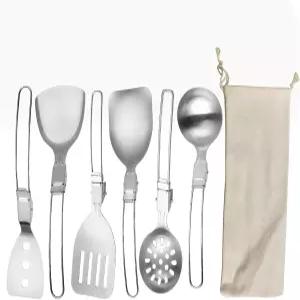 6Pc 캠핑 조리기구 세트 캠프 주방기구 스테인리스 스틸 휴대용 접이식 야외 RV 차량용 텐트 캠핑카 닉 큐