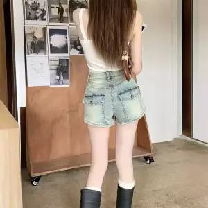 청 여름 빈티지 여자청반바지 얇은 와이드 오버롤 핫팬츠 슬림 스타일 반바지 청반바지 하이웨스트 원템2