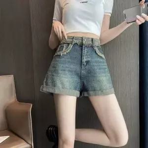 청 여름 빈티지 하이웨스트 반바지 트리밍 톤 여자청반바지 다운된 A라인 청반바지 퍼 와이드 핫팬츠 원템2