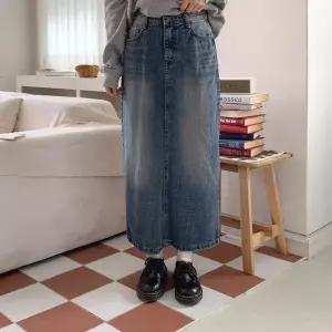 [옷자락]여자 빈티지 워싱 뒷트임 데님 롱스커트_P421532947
