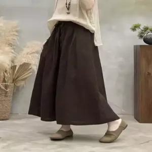 여성 치마 롱 봄 빈티지 A라인 봄스커트 린넨 솔리드 밴딩 허리 스트링 ible1