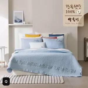 (Q)박술녀 삶은광목 100%피그먼트 워싱 자수 이불+베개커버X2