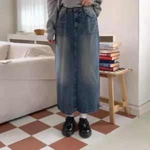 [신세계라이브쇼핑][옷자락] 여자 빈티지 워싱 뒷트임 데님 롱스커트
