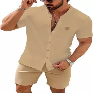 솔리 헉스 남성 캐주얼 운동복 버튼 다운 셔츠와 드로스트링 허리 쇼트 세트 여름 2피스 의상