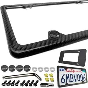BGGTMO 탄소 섬유 번호판 프레임 - 100 리얼 카본 천 랩 스테인리스 스틸 금속 방지 나사 및 캡이 있는