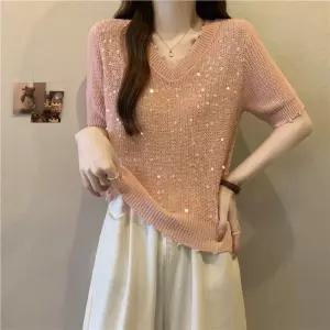 브이넥 스팽글 반팔 얇은니트 빅사이즈 시원소재