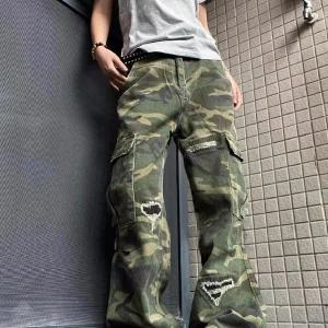 봄 빈티지 페이크 일자 부츠컷 카무플라주 청바지 진 남자일자청바지 디스트로이드 ible1