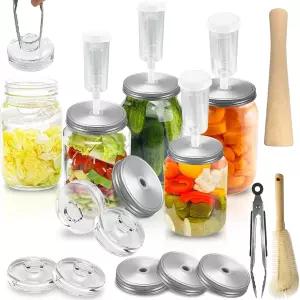 와이드 마우스 메이슨 병용 발효 키트-스테인리스 스틸 뚜껑 4개 유리 무게 실리콘 통 1개 사우어크라우트