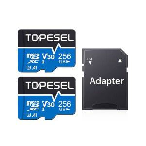 TOPESEL 256GB 마이크로 SD 카드 2팩 4K HUD U3 SDXC TF 및 어댑터 고속 UHSI V30 플래시 메모리 스마트폰 카메라 대시 캠용