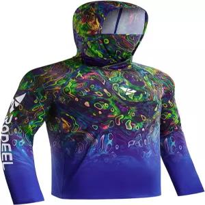 로델 UPF 50+ 남성용 긴팔 퍼포먼스 낚시 하이킹 셔츠와 마스크 UV 넥 게이터 후디