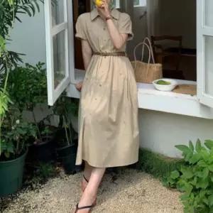 면 소재 카라 원피스 반팔 단정한 롱 코트 스타일